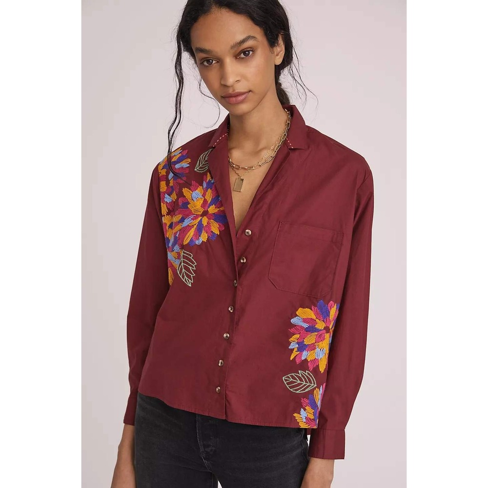 Maeve Anthropologie+ Button Down Shirt Womens 22W Burgundy Embroidered Blouse